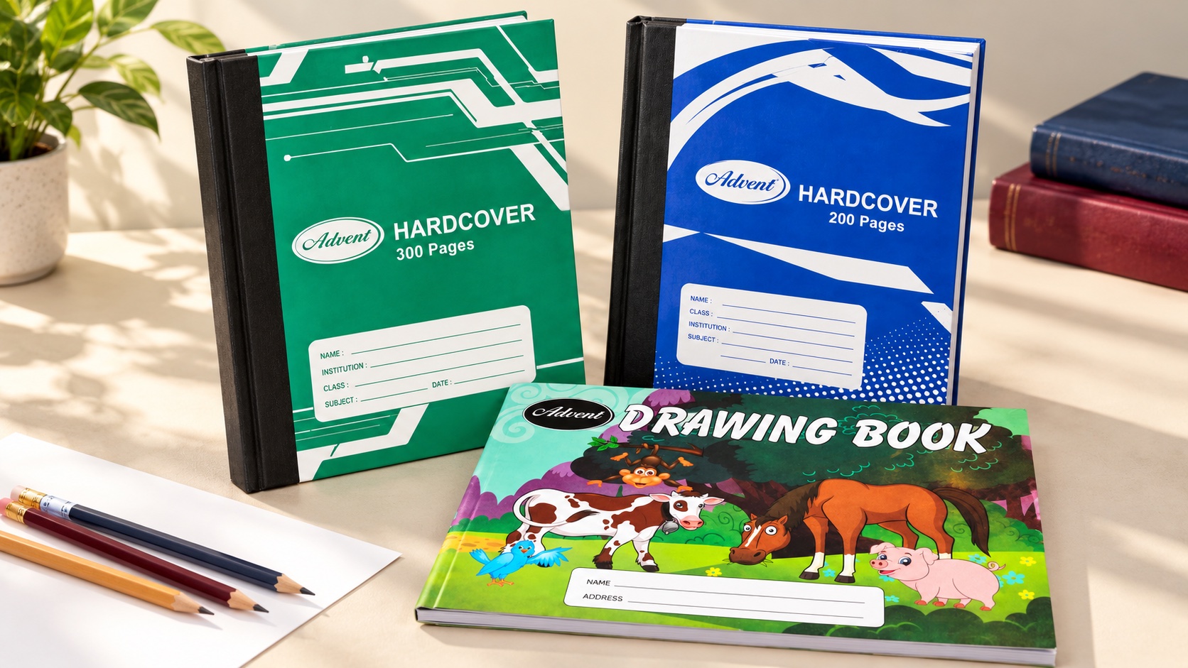 Advent hardcover and drawing books arranged on a desk