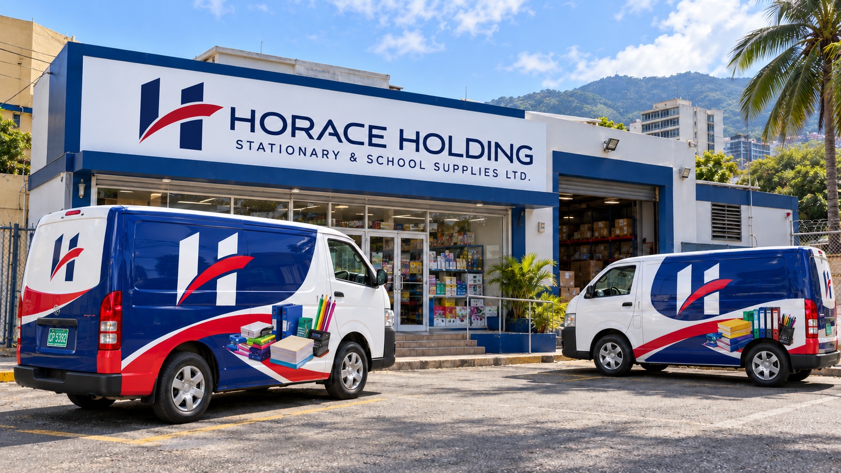 Concept visualization of a Horace storefront with two branded delivery vans